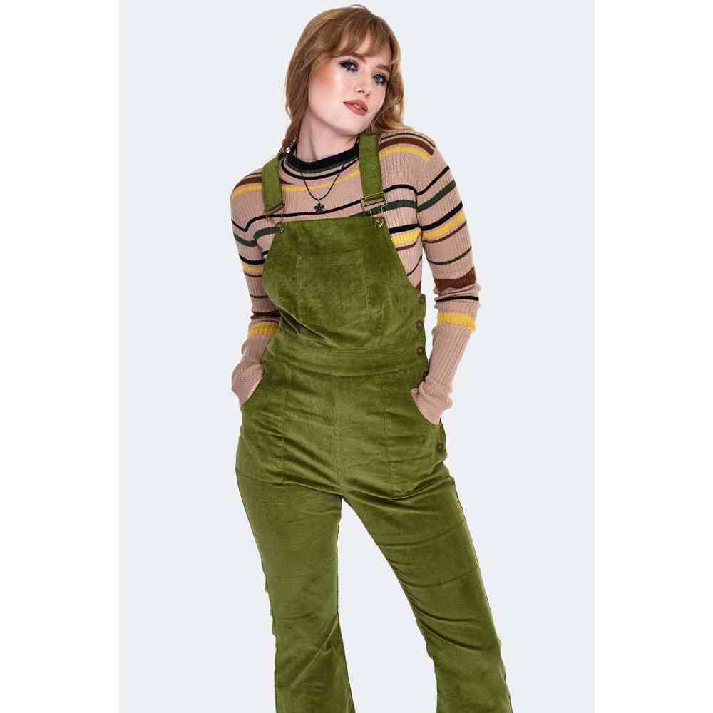 Voodoo Vixen - Corduroy Overall Style Jumpsuit - Olive green